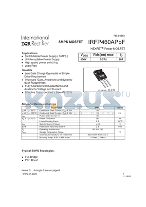 IRFP460APBF datasheet - SMPS MOSFET ( VDSS=500V , RDS(on)max=0.27Y , ID=20A )