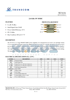 TC3131 datasheet - 2.4 GHz 1W MMIC