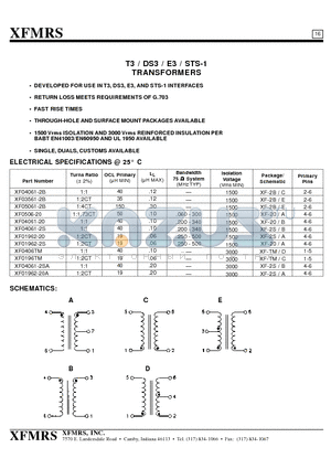 XF01962-2S datasheet - T3 / DS3 / E3 / STS-1 TRANSFORMERS
