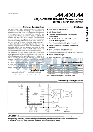 MAX3158EPI datasheet - High CMRR RS-485 Transceiver with a60V Isolation