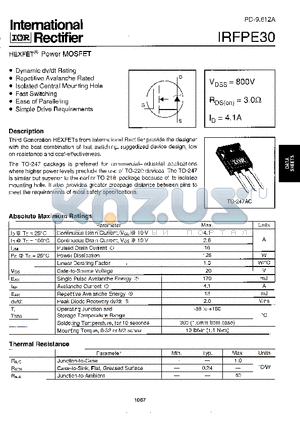 IRFPE30 datasheet - Power MOSFET(Vdss=800V, Rds(on)=3.0ohm, Id=4.1A)