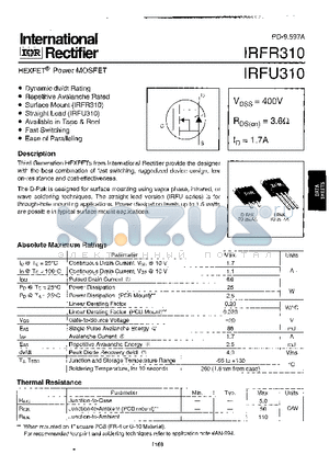 IRFR310 datasheet - Power MOSFET(Vdss=400V, Rds(on)=3.6ohm, Id=1.7A)