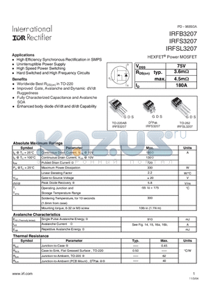 IRFS3207 datasheet - HEXFET Power MOSFET