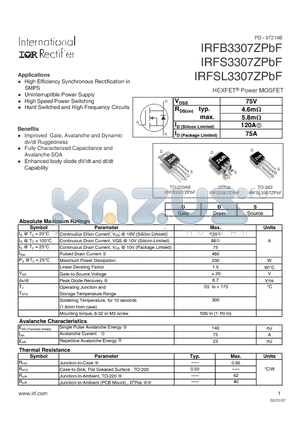 IRFSL3307ZPBF datasheet - HEXFET Power MOSFET