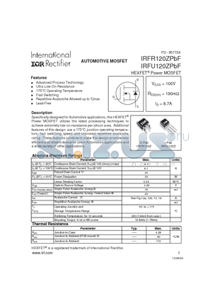 IRFU120ZPBF datasheet - AUTOMOTIVE MOSFET