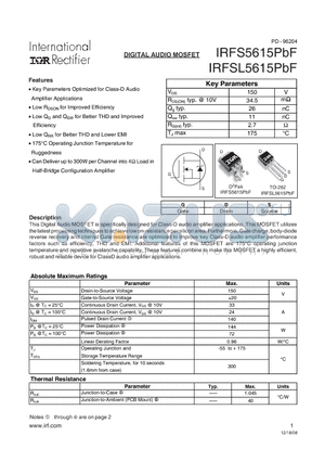 IRFSL5615PBF datasheet - DIGITAL AUDIO MOSFET