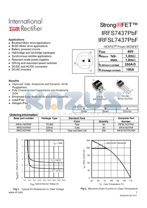 IRFSL7437PBF datasheet - HEXFETPower MOSFET