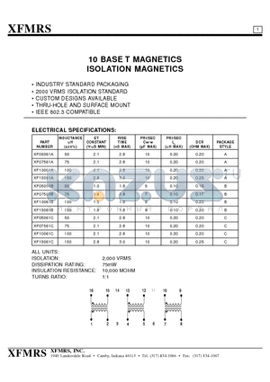 XF05061A datasheet - 10 BASE T MAGNETICS ISOLATION MAGNETICS