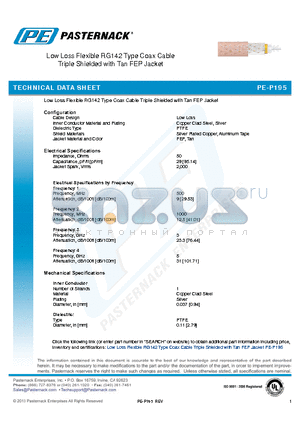 PE-P195 datasheet - Low Loss Flexible RG142 Type Coax Cable Triple Shielded with Tan FEP Jacket