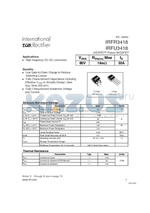 IRFU3418 datasheet - HEXFET Power MOSFET