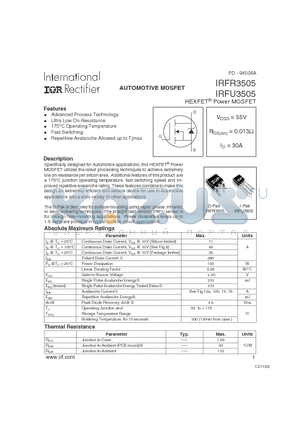 IRFU3505 datasheet - AUTOMOTIVE MOSFET