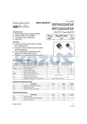 IRFU420APBF datasheet - HEXFET Power MOSFET ( VDSS = 500V , RDS(on) max = 3.0Y , ID = 3.3A )