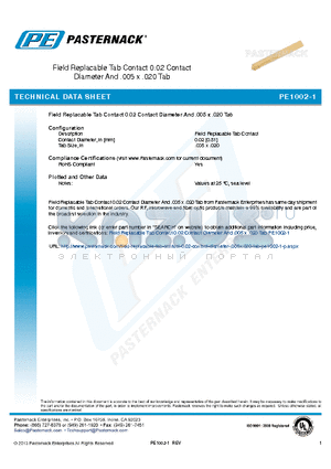 PE1002-1 datasheet - Field Replacable Tab Contact 0.02 Contact Diameter And .005 x .020 Tab