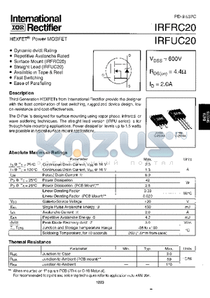 IRFRC20 datasheet - Power MOSFET(Vdss=600V, Rds(on)=4.4ohm, Id=2.0A)