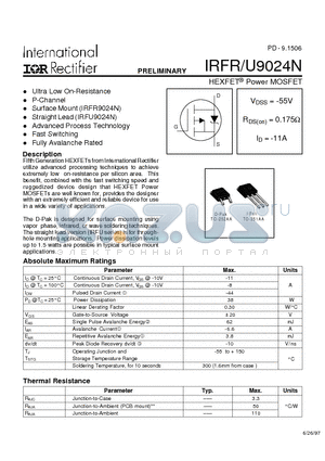 IRFU9024N datasheet - Power MOSFET(Vdss=-55V, Rds(on)=0.175ohm, Id=-11A)