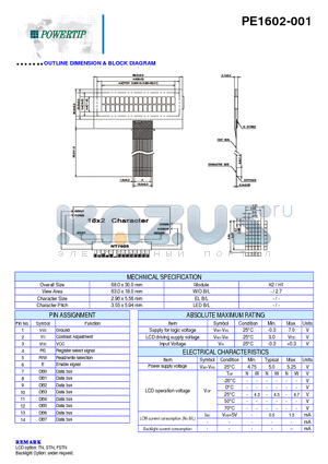 PE1602-001 datasheet - OUTLINE DIMENSION & BLOCK DIAGRAM