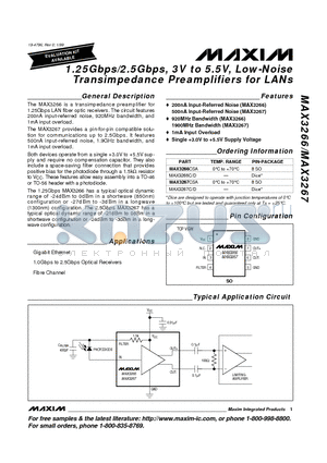 MAX3266 datasheet - 1.25Gbps/2.5Gbps, 3V to 5.5V, Low-Noise Transimpedance Preamplifiers for LANs