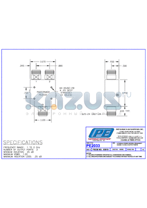 PE2033 datasheet - N FEMALE POWER DIVIDER FREQUENCY RANGE:1-2 GHz 2 OUTPUT  PORTS