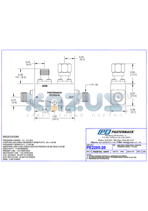 PE2205-20 datasheet - SMA FEMALE DIRECTIONAL COUPLER, FREQUENCY RANGE:7-12.4 GHz