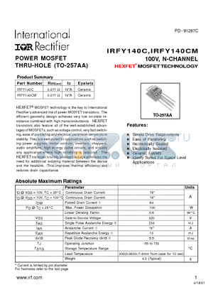 IRFY140C datasheet - POWER MOSFET THRU-HOLE (TO-257AA)