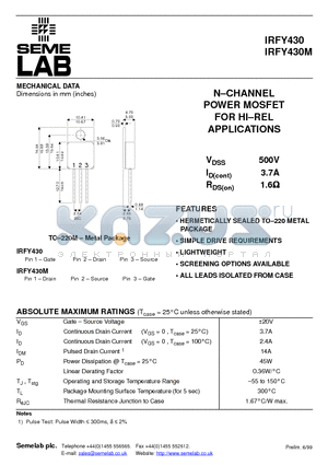 IRFY430 datasheet - N-CHANNEL POWER MOSFET FOR HI-REL APPLICATIONS