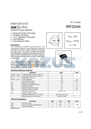IRFZ24N datasheet - Power MOSFET (Vdss=55V, Rds(on)=0.07ohm, Id=17A)