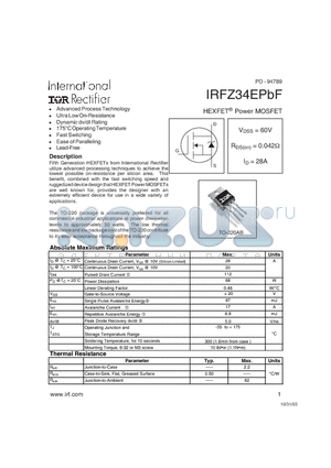 IRFZ34EPBF datasheet - HEXFET^ Power MOSFET