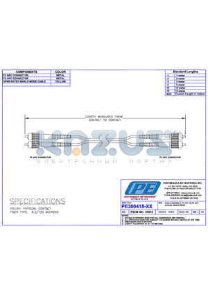 PE300418-1 datasheet - CABLE ASSEMBLY FC APC TO FC APC DUPLEX SINGLE MODE