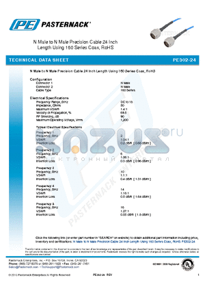 PE302-24 datasheet - N Male to N Male Precision Cable 24 Inch Length Using 160 Series Coax, RoHS