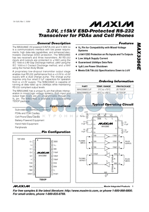 MAX3386E datasheet - 3.0V, a15kV ESD-Protected RS-232 Transceiver for PDAs and Cell Phones