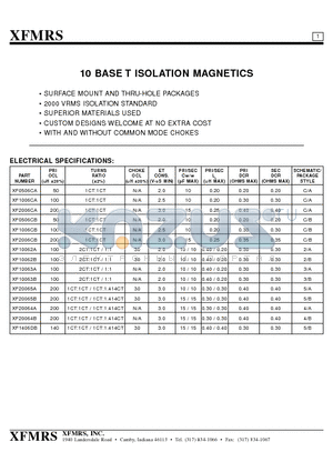 XF10063A datasheet - 10 BASE T ISOLATION MAGNETICS