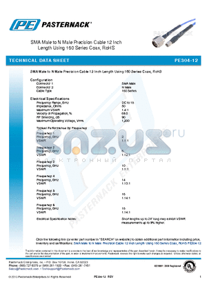 PE304-12 datasheet - SMA Male to N Male Precision Cable 12 Inch Length Using 160 Series Coax, RoHS