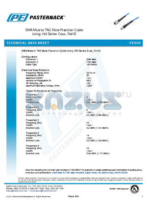 PE308 datasheet - SMA Male to TNC Male Precision Cable Using 160 Series Coax, RoHS