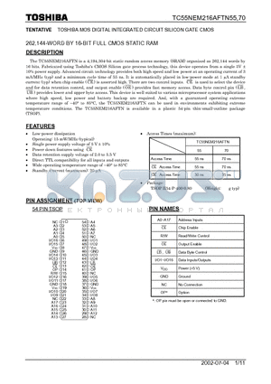 TC55NEM216AFTN55 datasheet - TOSHIBA MOS DIGITAL INTEGRATED CIRCUIT SILICON GATE CMOS