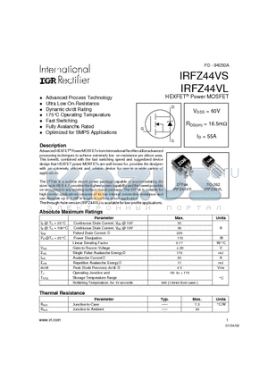 IRFZ44VS datasheet - Power MOSFET(Vdss=60V, Rds(on)=16.5mohm, Id=55A)