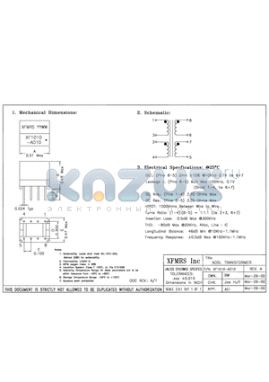 XF1010-AD10 datasheet - ADSL TRANSFORMER