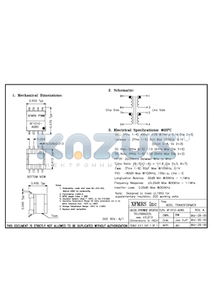 XF1010-AD8S datasheet - ADSL Transformer supplementary insulation, 250 waking volts