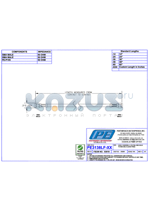 PE3138LF datasheet - CABLE ASSEMBLY PE-P195 SMA MALE TO SMA MALE(LEAD FREE)