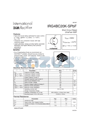IRG4BC20K-SPBF datasheet - Short Circuit Rated UltraFast IGBT