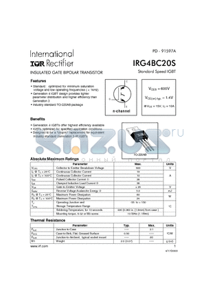 IRG4BC20S datasheet - INSULATED GATE BIPOLAR TRANSISTOR(Vces=600V, Vce(on)typ.=1.4V, @Vge=15V, Ic=10A)