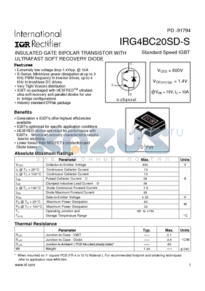 IRG4BC20SD-S datasheet - INSULATED GATE BIPOLAR TRANSISTOR WITH ULTRAFAST SOFT RECOVERY DIODE(Vces=600V, Vce(on)typ.=1.4V, @Vge=15V, Ic=10A)