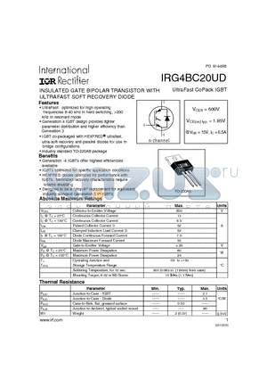IRG4BC20UD datasheet - INSULATED GATE BIPOLAR TRANSISTOR WITH ULTRAFAST SOFT RECOVERY DIODE(Vces=600V, Vce(on)typ.=1.85V, @Vge=15V, Ic=6.5A)