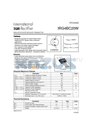 IRG4BC20W datasheet - INSULATED GATE BIPOLAR TRANSISTOR(Vces=600V, Vce(on)typ.=2.16V, @Vge=15V, Ic=6.5A)