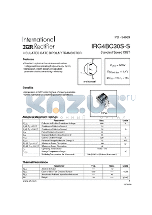 IRG4BC30S-S datasheet - INSULATED GATE BIPOLAR TRANSISTOR Standard Speed IGBT(Vces=600V, Vce(on)typ.=1.4V, @Vge=15V, Ic=18A)