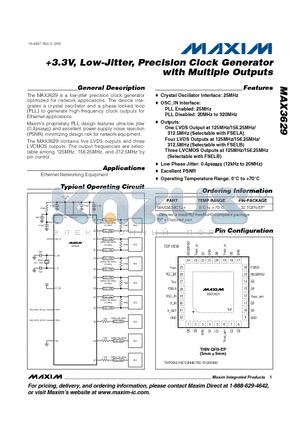MAX3629 datasheet - 3.3V, Low-Jitter, Precision Clock Generator with Multiple Outputs