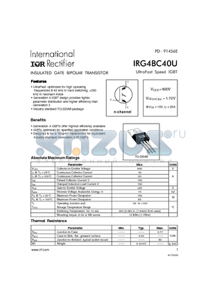 IRG4BC40U datasheet - INSULATED GATE BIPOLAR TRANSISTOR(Vces=600V, Vce(on)typ.=1.72V, @Vge=15V, Ic=20A)