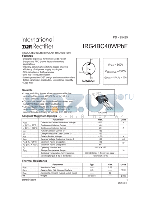 IRG4BC40WPBF datasheet - ISSULATED GATE BIPOLAR TRANSISTOR