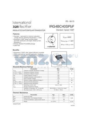IRG4BC40SPBF datasheet - INSULATED GATE BIPOLAR TRANSISTOR Standard Speed IGBT