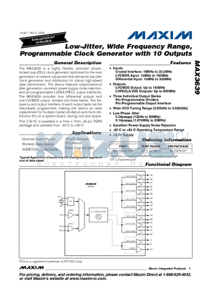 MAX3639ETM+ datasheet - Low-Jitter, Wide Frequency Range, Programmable Clock Generator with 10 Outputs