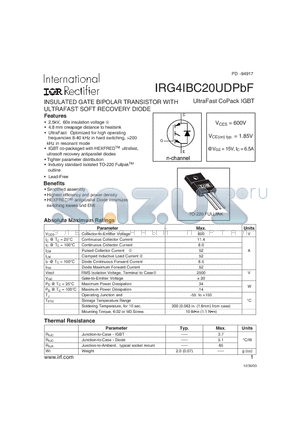 IRG4IBC20UDPBF datasheet - INSULATED GATE BIPOLAR TRANSISTOR WITH ULTRAFAST SOFT RECOVERY DIODE